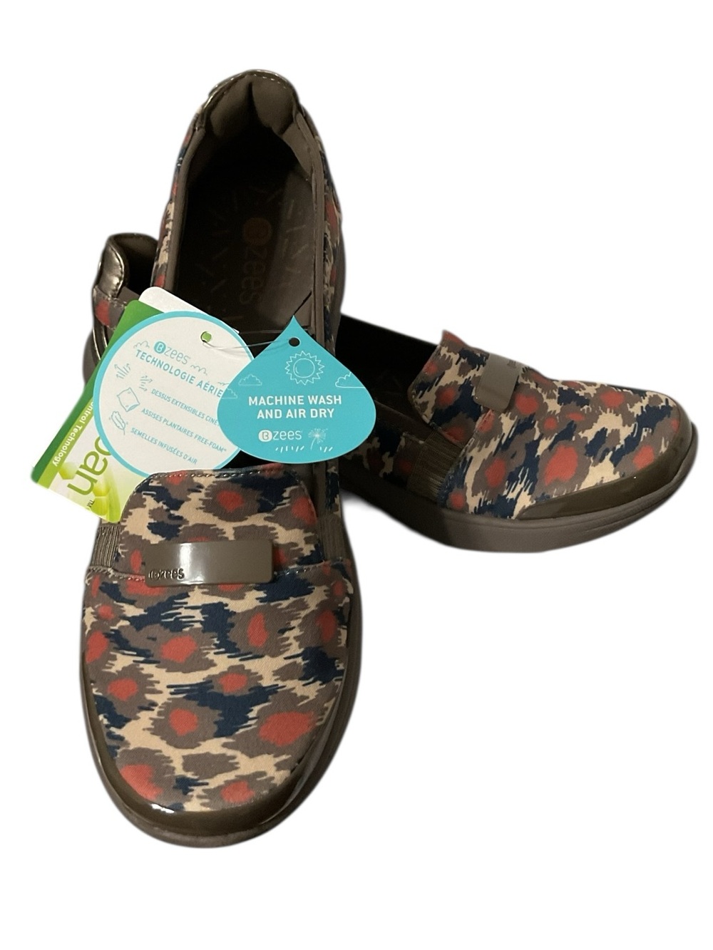 Bzees Women's Slip-On Shoes in Brown, Red & Blue Leopard Print